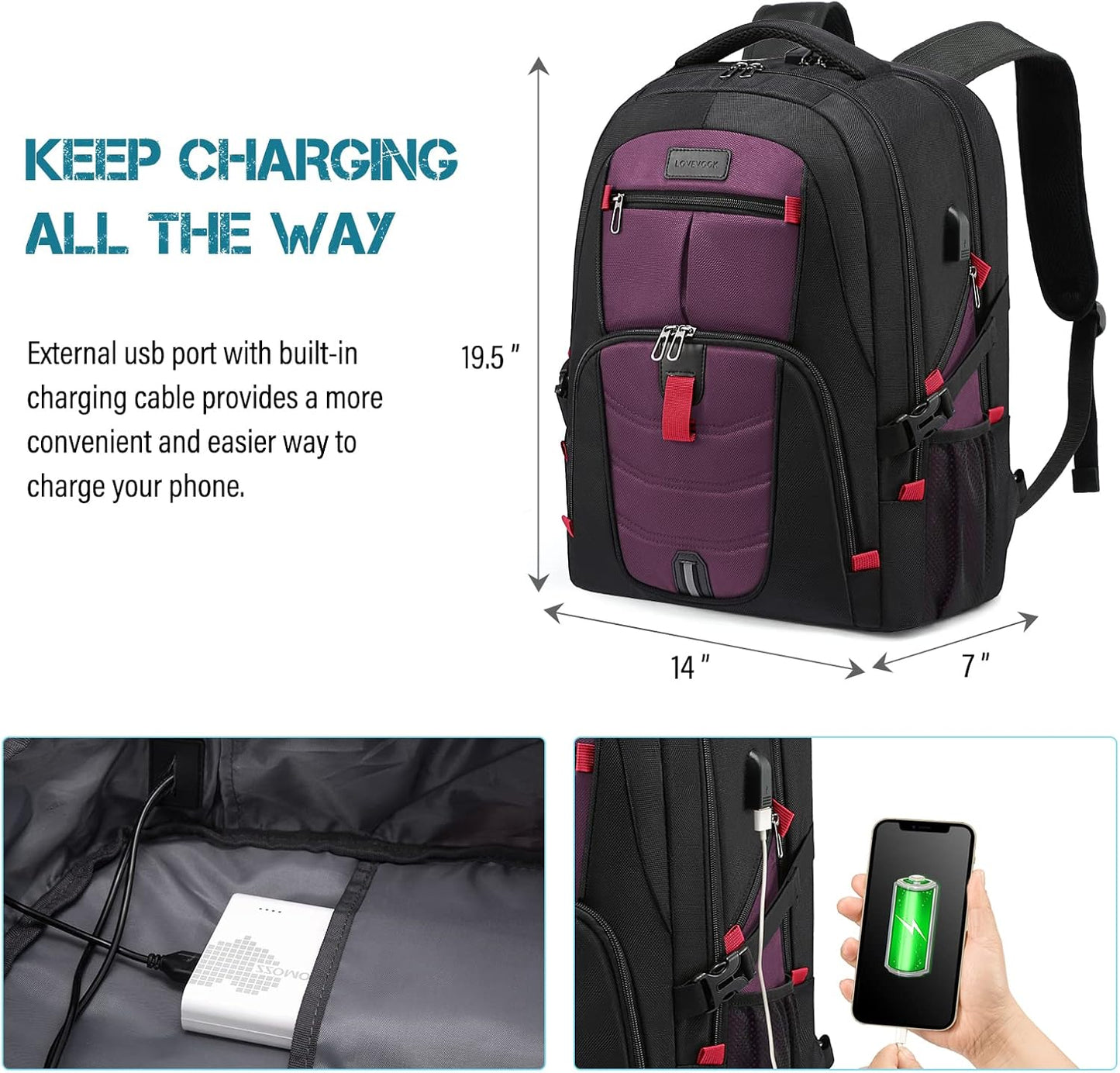 LOVEVOOK Travel Laptop Backpack Waterproof Anti Theft Backpack with Lock and USB Charging Port Large Computer Business Backpack for Men Women College Backpack(17 inch,Black&Purple)