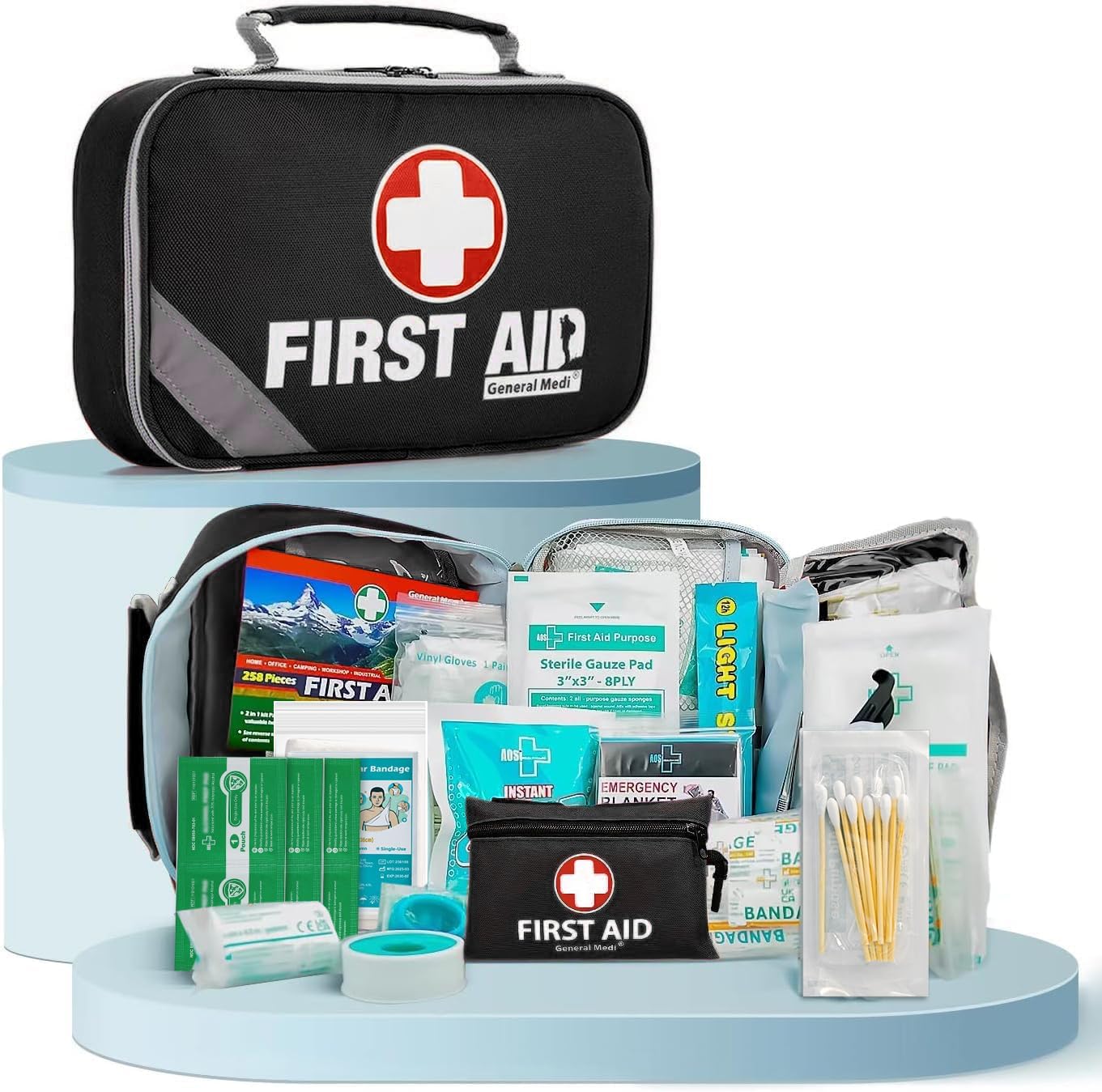 General Medi 2-in-1 First Aid Kit (215 Piece Set) + 43 Piece Mini First Aid Kit -Includes Ice(Cold) Pack, Moleskin Pad and Emergency Blanket for Travel, Home, Office, Car, Workplace(Black)