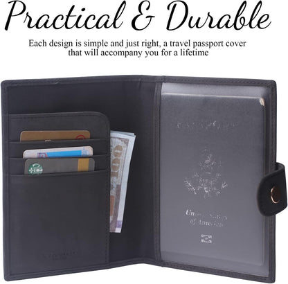 Genuine Leather Passport Case, RFID Passport Cover with Credit Card Holder for Women and Men Family ID Travel