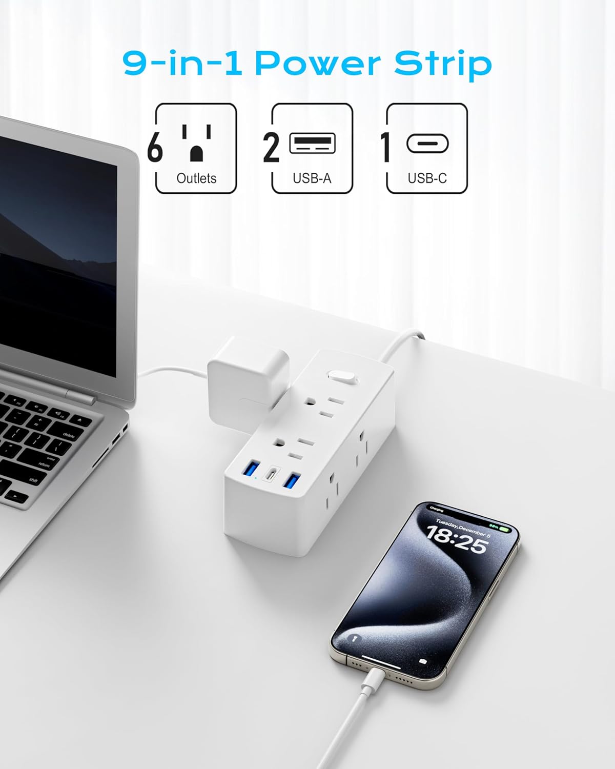 Italy Travel Plug Adapter, Olcorife US to Italy Type L Plug Adapter, International Power Strip with 6 Outlets and 3 USB(1 USB-C), 5 FT Cord for Italy Chile Ethiopia Libya