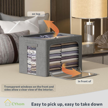 4 Pack Clothes Storage Bins with Metal Frame - Linen Fabric Foldable Stackable Container Organizer Set with Clear Window & Carry Handles & Zippers (Dark Gray, 23.6"x16.5"x15.7")