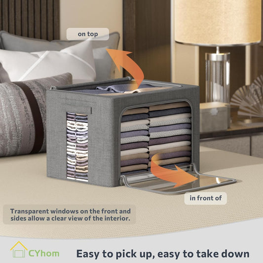 4 Pack Clothes Storage Bins with Metal Frame - Linen Fabric Foldable Stackable Container Organizer Set with Clear Window & Carry Handles & Zippers (Dark Gray, 23.6"x16.5"x15.7")