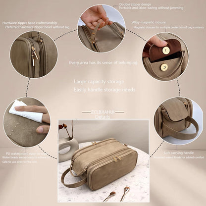 Travel Toiletry Bag for Women PU Leather Triple-layer Double Zipper Toiletry Bags,Waterproof with Handle Mens Toiletry Bag Stowable Brushes, Toiletries Makeup for Business Trips Camping Bathroom Brown