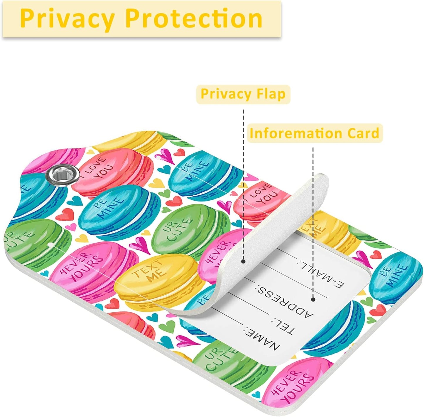 2 Pack Luggage Tags for Suitcases,Colorful Sweet Macarons Luggage Tag,PU Leather Id Label Luggage Tags with Stainless Steel Loop and Privacy Cover for Women Men Teens Travel