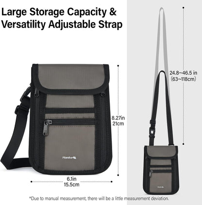 Hanke Passport Holder, Travel Wallet for Womens and Men, Neck Wallet Hidden Passport Pouch for Travel Adjustable Lightweight Thin with 6 compartments (Dark Grey)