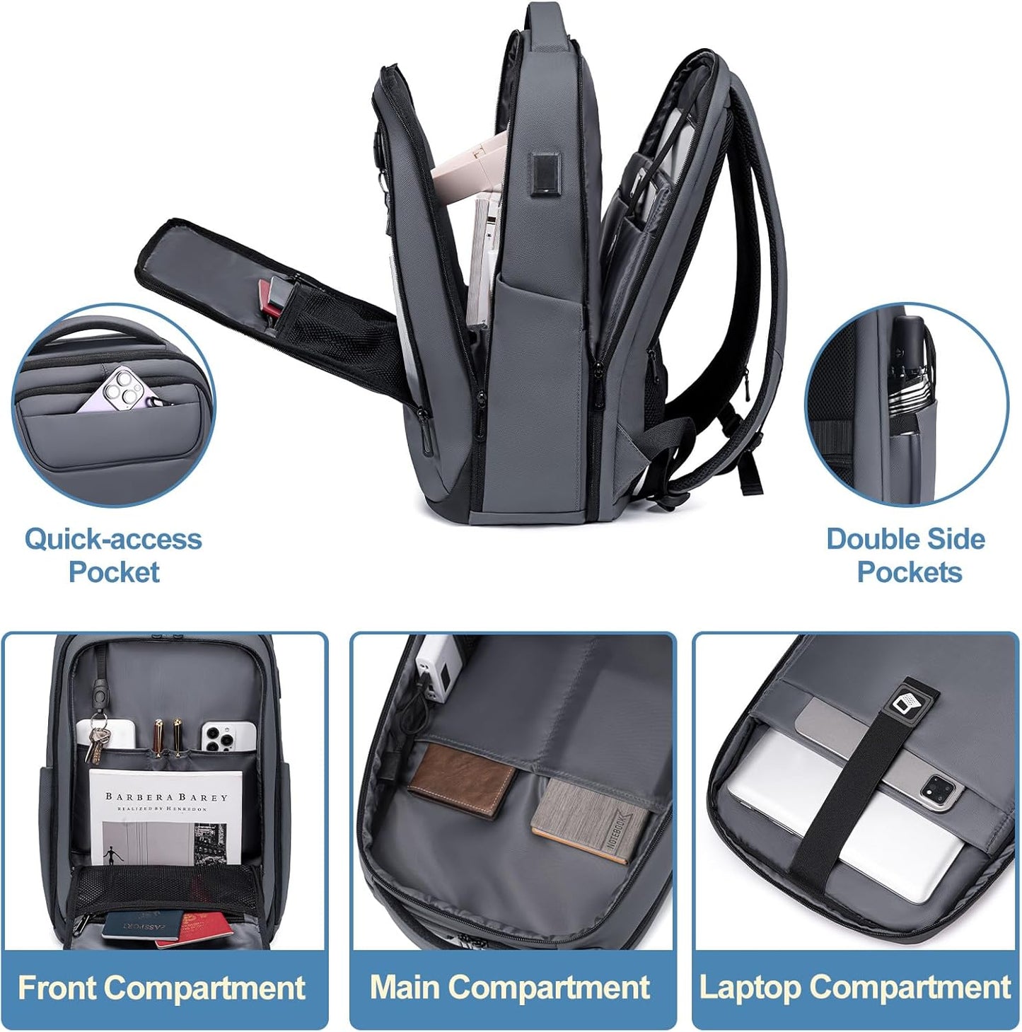 FENRUIEN Work Backpack for Men,Water Resistant Smart Backpack with USB Charging Port,Grey Laptop Bag 15.6 Inch