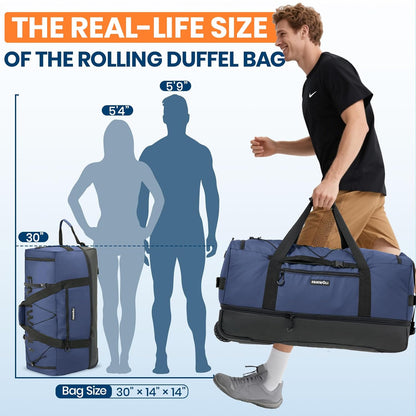 Fanwoli 30'' Rolling Duffel Bag with 2 Wheels - No-Sag Design for Heavy Loads, Expandable 100L-120L Luggage with Soft Handle & Lock, Waterproof Foldable Lightweight with for Travel, Camping,Moving