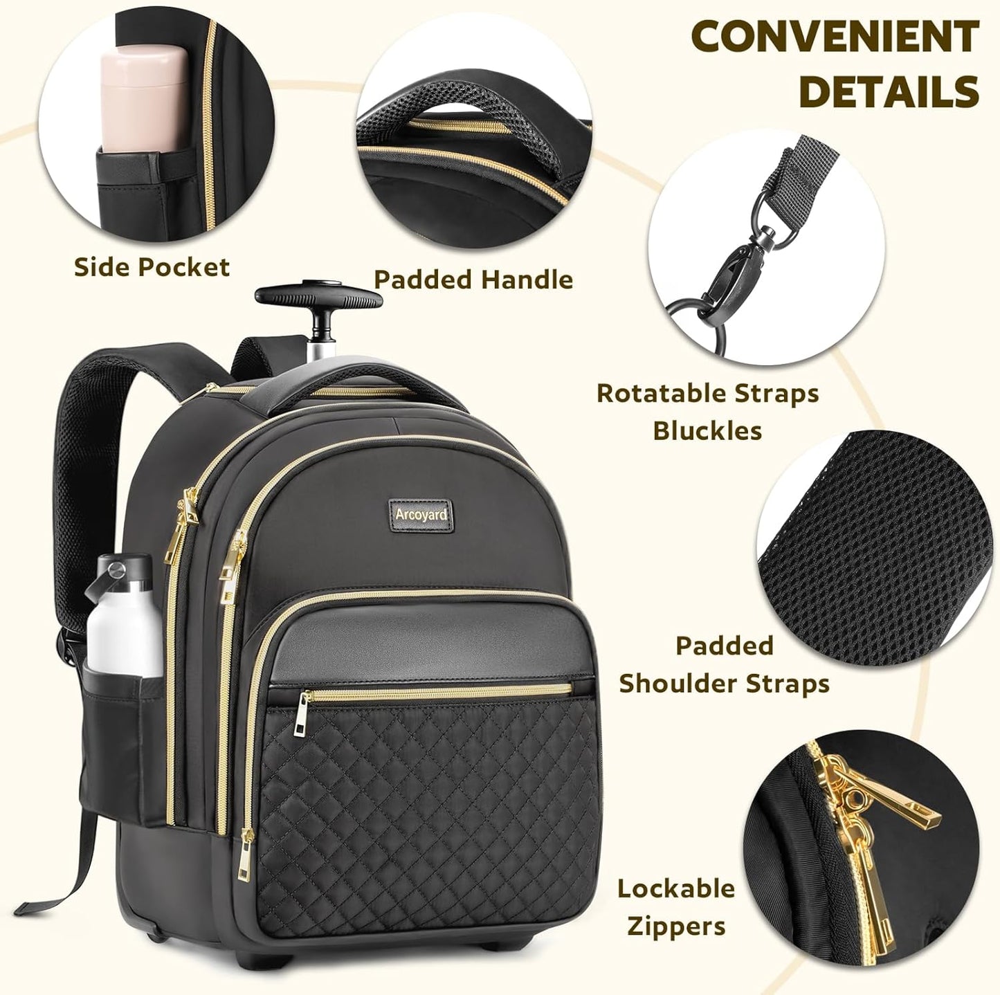Small Rolling Backpack for Women, Lightweight Travel Backpack with Wheels, Roller Backpack for Adults, Water Resistant Rolling Laptop Bag, Wheeled Underseat Carry On Luggage, Black Gold