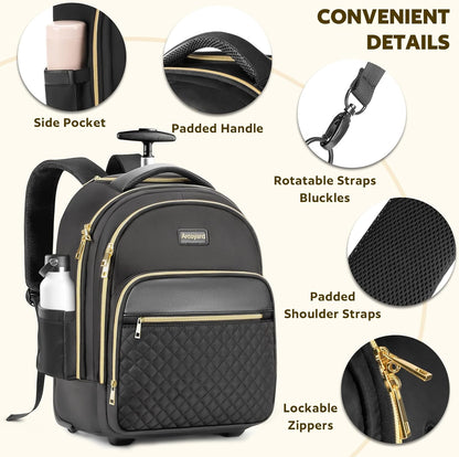Small Rolling Backpack for Women, Lightweight Travel Backpack with Wheels, Roller Backpack for Adults, Water Resistant Rolling Laptop Bag, Wheeled Underseat Carry On Luggage, Black Gold