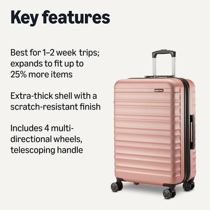 Amazon Basics 26" Hardside Medium Checked Luggage, Hardshell Suitcase With Wheels, Expandable For Up to 15% More Space, With Scratch-Resistant Surface, Four Multi-directional Wheels, Rose Gold