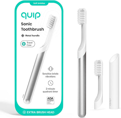Quip Sonic Toothbrush for Adults with Timer - Includes Extra Brush Head and Travel Cover Mount - Electric, Soft Bristle Refill Head, Metal Handle, 3 Month Battery Life - Travel Toothbrush - Silver