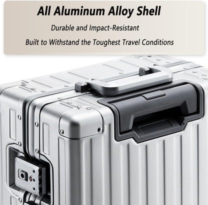 20 Inch All Aluminum Carry On Luggage 22x14x9 Airline Approved with Spinner Wheels,Hard Shell Zipperless Lightweight Small Suitcase with TSA Approved for Travel Business Women Men,Silver