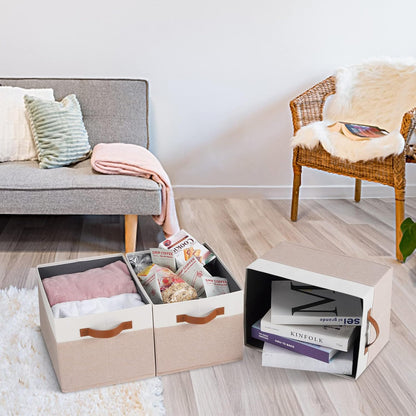 Large Fabric Storage Bins, Foldable Fabric Storage Baskets for Shelves, Sturdy Storage Boxes with PU Handles for Organizing Closet Home Bedroom Office (26L, 3 Packs, Pink&White)