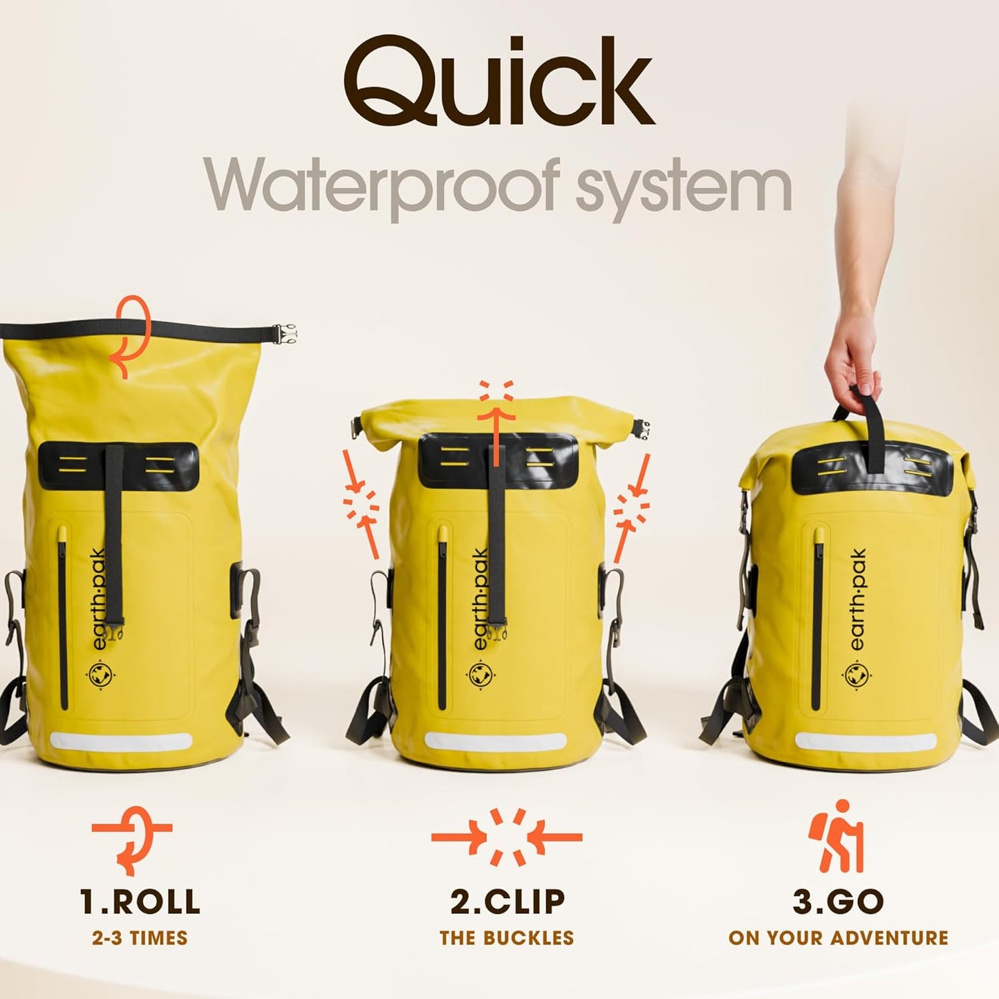 Earth Pak Waterproof Backpack - Heavy Duty Hiking Backpack - Roll-Top Closure Bag - Cushioned Dry Bag Waterproof Phone Case