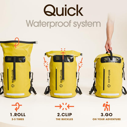 Earth Pak Waterproof Backpack - Heavy Duty Hiking Backpack - Roll-Top Closure Bag - Cushioned Dry Bag Waterproof Phone Case