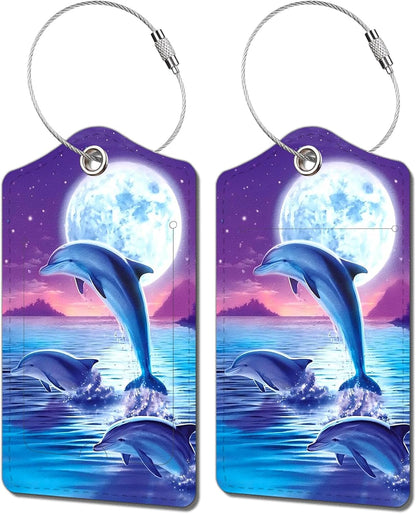 2 Pack Luggage Tag for Suitcase, Cute Unique Leather Bag Tags Identifiers Privacy Cover ID Label with Durable Steel Loop for Women Men Kids Girls Travel，DolphinA