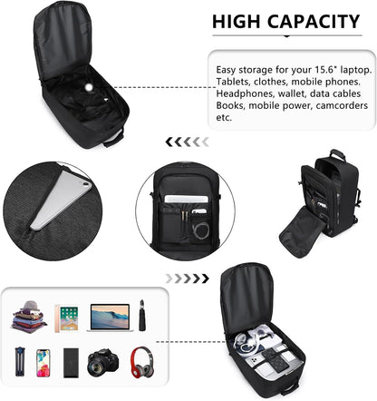 Kono Carry on Backpack, 22" Airplane Approved Travel Backpack for Men and Women, Waterproof Lightweight Daypack for Flight 40L (Black, Large)