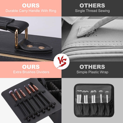 Mocado Travel Makeup Bag with LED Lighted Mirror,Makeup Case with 3 Color Lighted Setting and 10x Magnifying Mirror, Portable Storage and Adjustable Dividers (Black with Hard Leather)