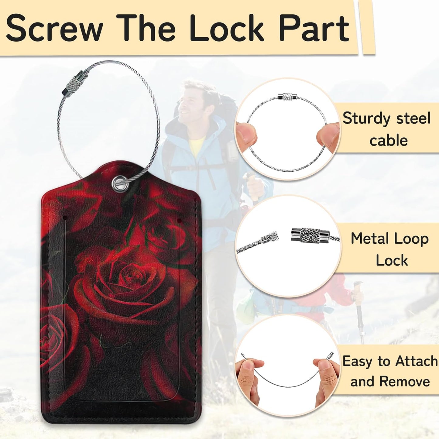 3 Pack Red Rose Luggage Tags for Suitcases, Cute Leather Name Tag with Privacy Cover with Stainless Steel Loops, Travel ID Bag Tags for Women Men