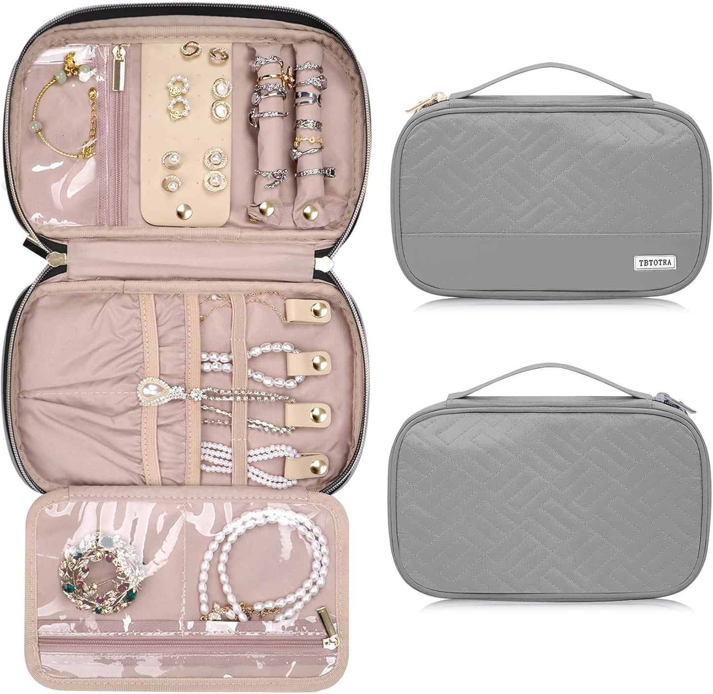 Jewelry Travel Case Organizer for Necklaces, Earrings, Rings, Bracelet, Watch, Soft Sided, Grey