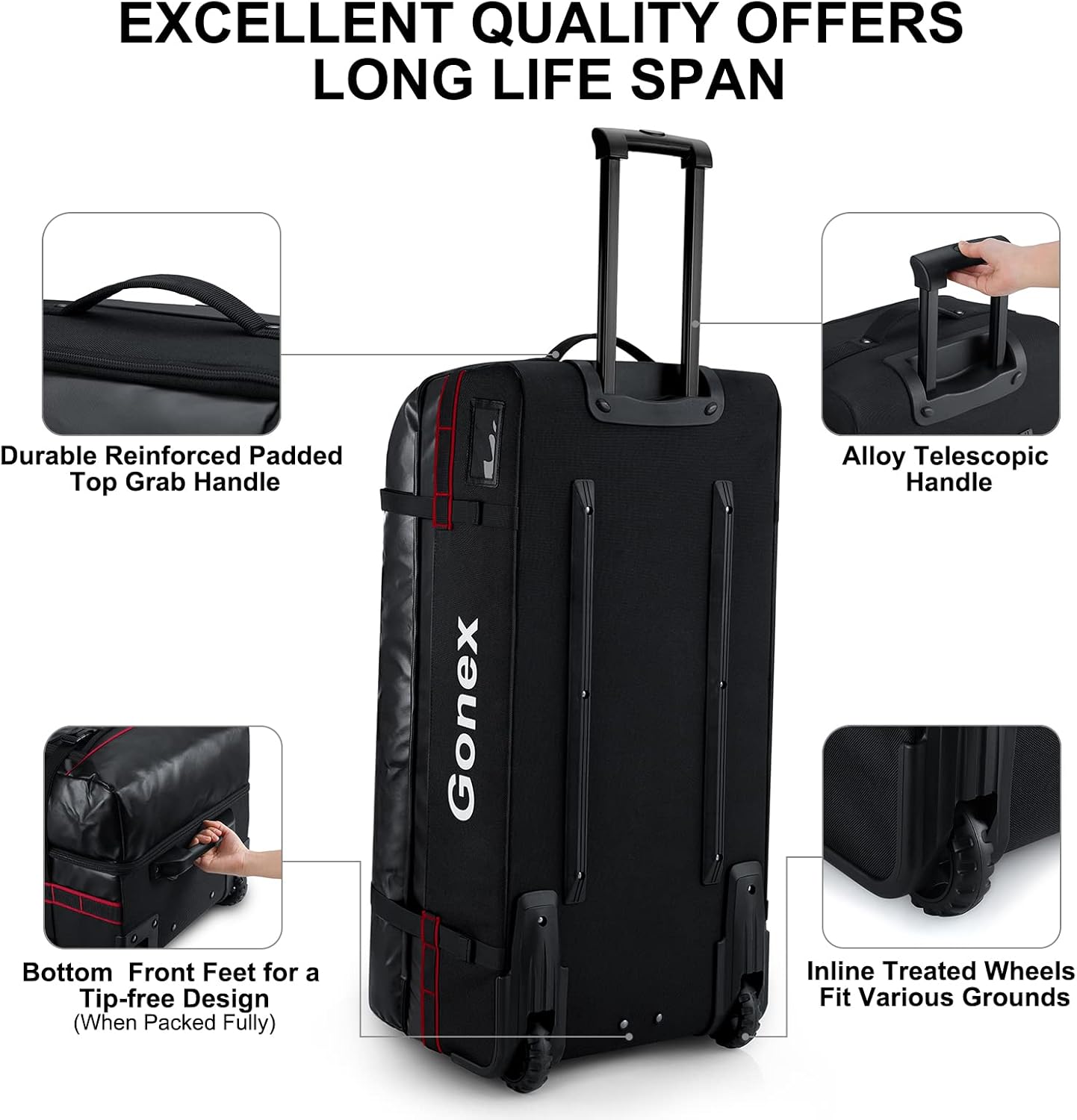 Gonex Rolling Duffle Bag with Wheels, 100L Water Repellent Large Wheeled Travel Duffel Luggage with Rollers 33 inch, Black