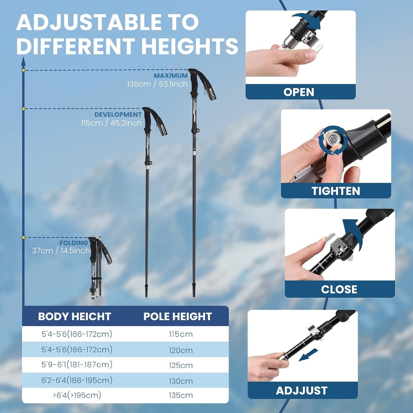 Collapsible Hiking Poles, 7075 Aluminum Trekking Poles, 2pc Lightweight Folding Adjustable for Men & Women, Walking Sticks for Hiking, Camping, Backpacking