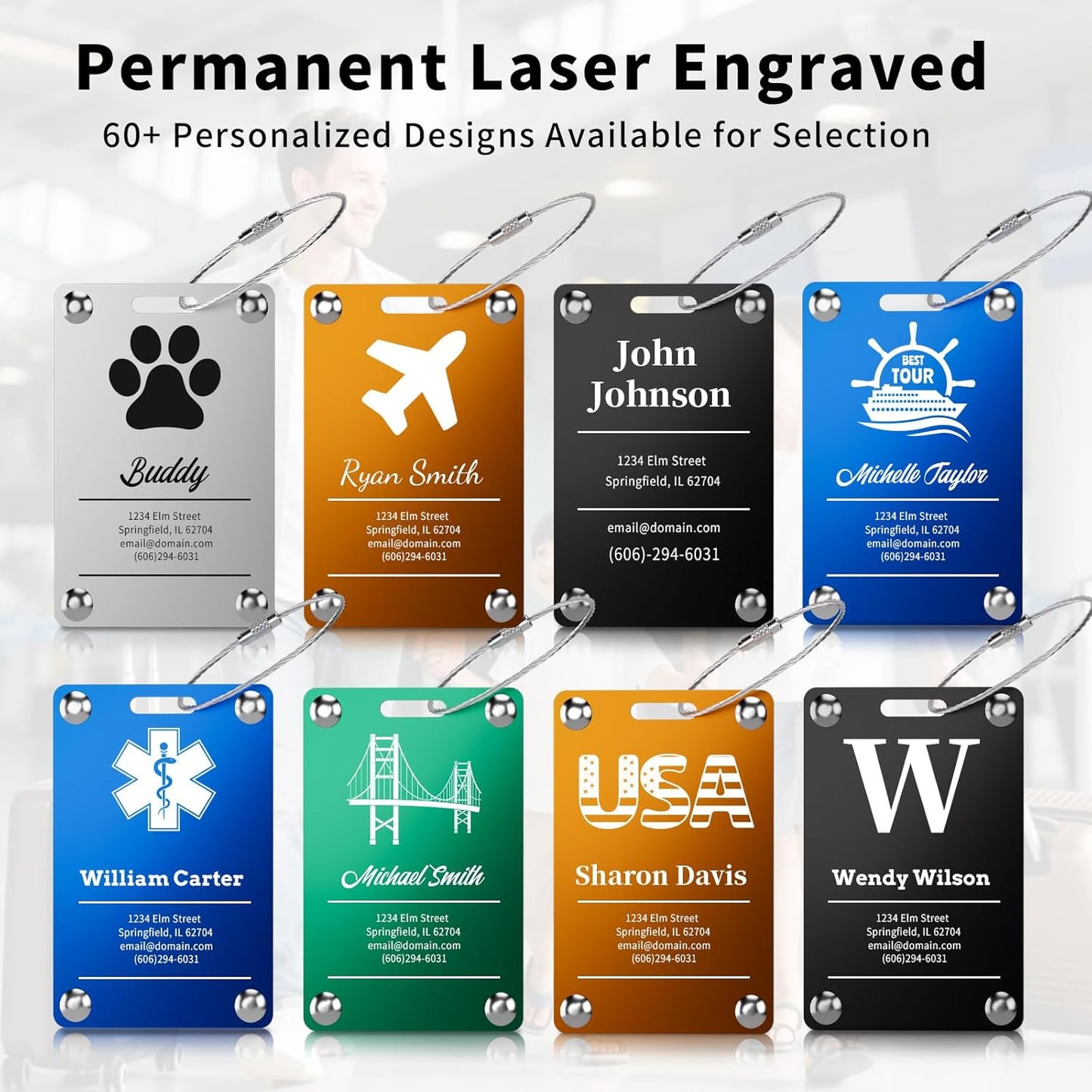 3 Pack Personalized Luggage Tags for Suitcases, Handmade Engraved Stainless Steel Custom Luggage Tags for Cruise Travel with Stainless Loop, Suitcase Identifier Metal Name Baggage Tag