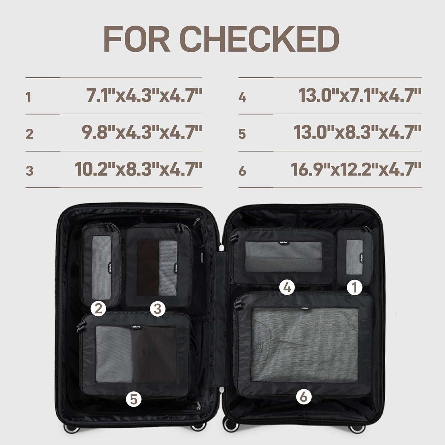 EPICKA TripCozy Compression Packing Cubes - 6 Set Durable Travel Organizer Bags with Mesh Top, Expandable Travel Accessories for Carry on, Luggage, Suitcase, Backpack (Dark Grey)