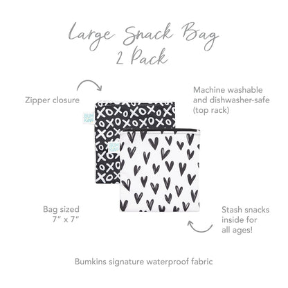 Bumkins Reusable Sandwich and Snack Bags, for Kids School Lunch and for Adults Portion, Washable Fabric, Waterproof Cloth Zip Bag, Travel Pouch, Food-Safe Storage, Large 2-pk Hearts and XOXO