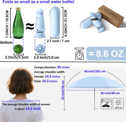 BAODINI Travel Mini Umbrella for Purse With Case-Small Compact UV Umbrella Protection Sun-Lightweight Tiny Pocket umbrella a with Case for Women, Girls