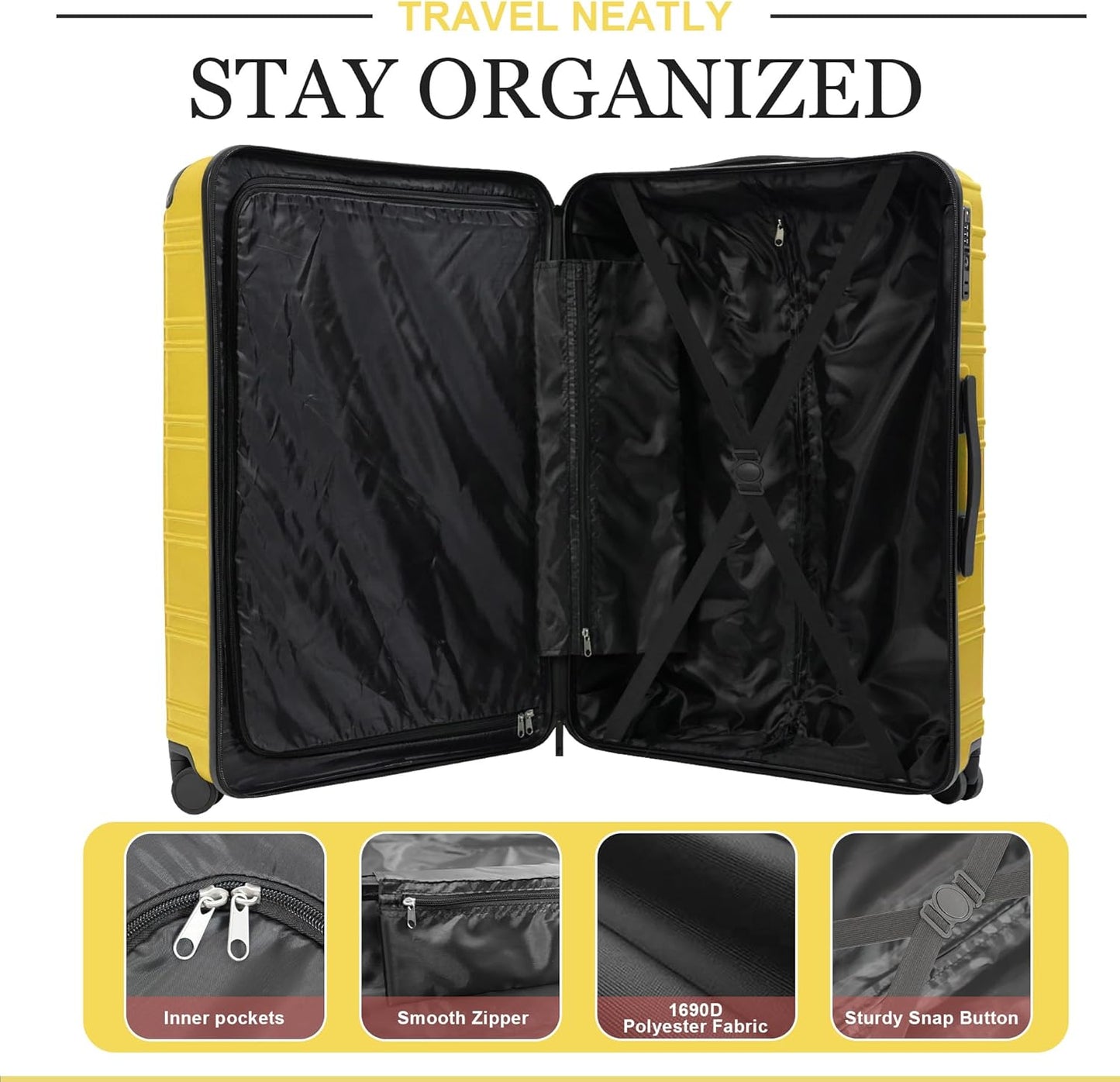 Luggage Sets 4 Piece, ABS PC Lightweight Suitcases with Wheels, Hardshell Luggage Sets Suitcase set with TSA Lock Yellow (12in 20in 24in 28in)