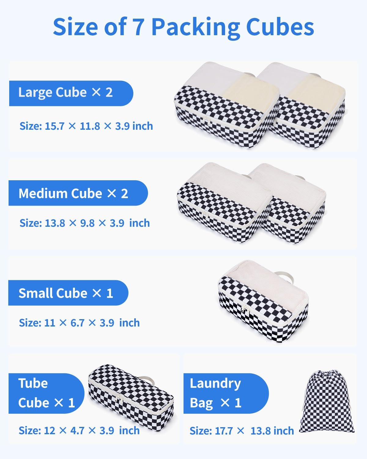 Narwey 7 Set Checkered Packing Cubes for Travel Carry on Suitcase Luggage Organizer Bags for Kids Women Men, Durable Packing Organizers Bag, Travel Essentials Accessories (Black Checkerboard)