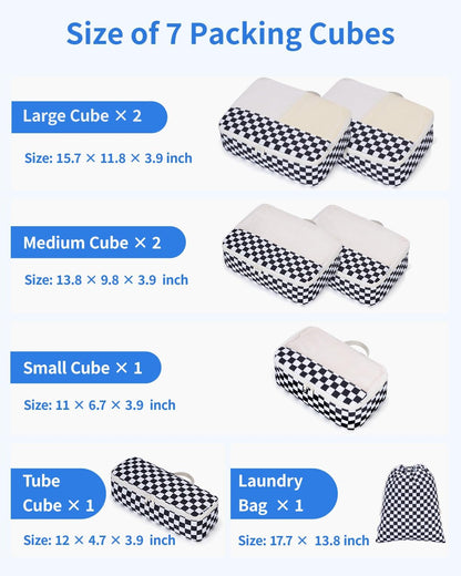 Narwey 7 Set Checkered Packing Cubes for Travel Carry on Suitcase Luggage Organizer Bags for Kids Women Men, Durable Packing Organizers Bag, Travel Essentials Accessories (Black Checkerboard)