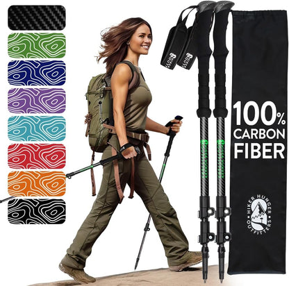 100% Carbon Fiber Trekking Poles by USA Brand - Ultra Strong Lightweight Collapsible Hiking Poles with Cork and EVA Foam Grips & Quick Adjustable Flip Locks