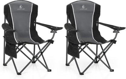 ALPHA CAMP Oversized Camping Folding Chair - Heavy Duty Steel Frame Support 350 LBS, Collapsible Padded Arm With Cup Holder, Quad Lumbar Back, Portable for Outdoor/Indoor