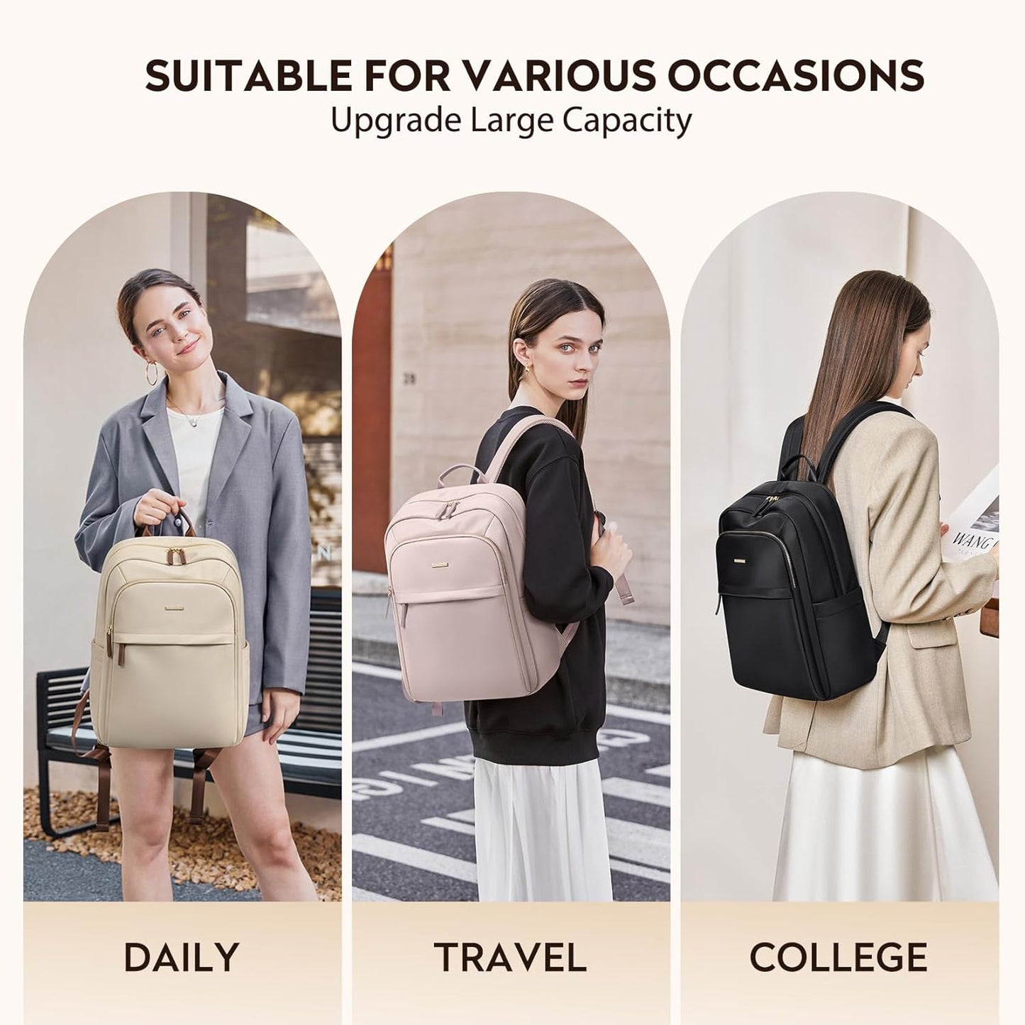 Hiking Travel Backpack for Women Casual Business Weekender Multilayer Laptop Bag,16 Inch,Apricot