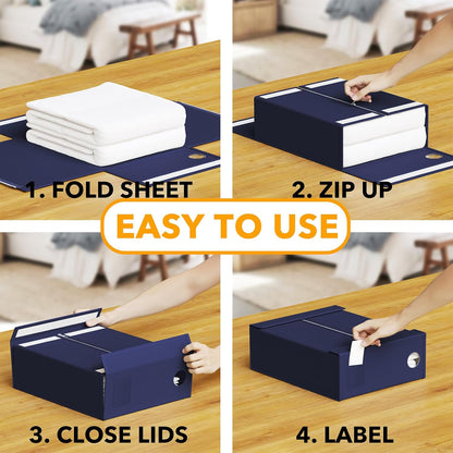 SpaceAid 12 Pack Bed Sheet Organizers and Storage, Foldable Linen Closet Organizer, Set Folder Keeper With Window XL (Queen & King Size) Bedding Container (Navy Blue)