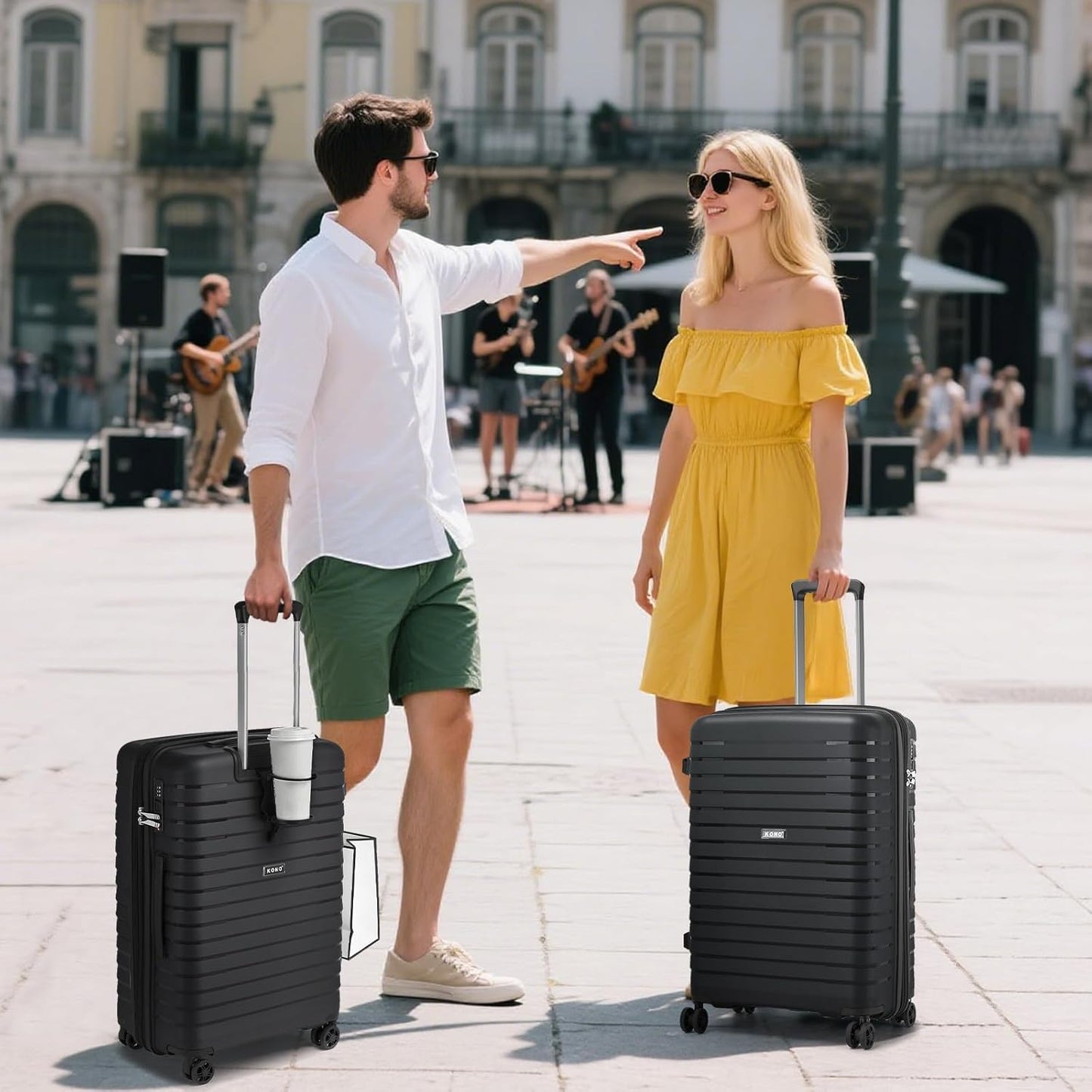 Kono 24 Inch Expandable Luggage Suitcase with Spinner Wheels, Durable Hardside Checked Luggage with Hidden Cup Holder, Lightweight Hard Shell Medium Suitcase with TSA Lock(Black)