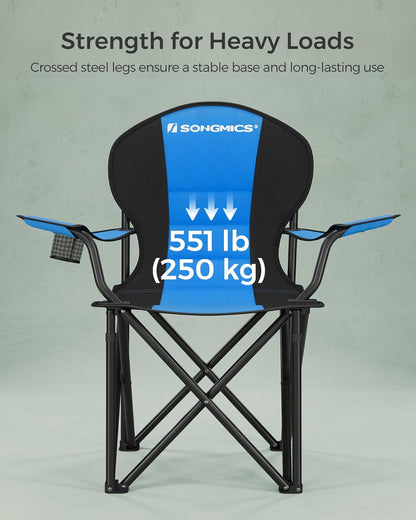 SONGMICS Folding Camping Chair, with Comfortable Sponge Seat, Cup Holder, Heavy Duty Structure, Max Load Capacity 551 lb, Outdoor Picnic Chair, Blue and Black UGCB06BU
