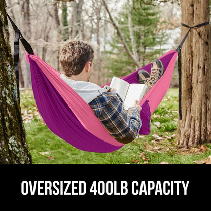 GORILLA GRIP Durable Portable Camping Hammock, Holds 400lbs with Heavy Duty Tree Straps, Comfortable Travel Swing, Camp Hammocks, Easy to Use and Install, Outdoor Essentials, Purple, 9x4.5 FT