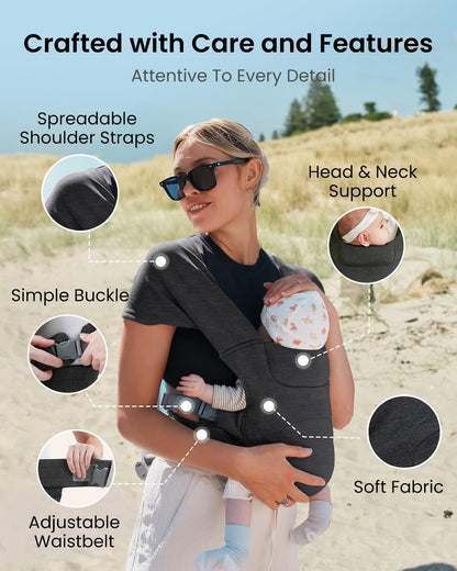 Newborn Carrier, Cozy Baby Carrier, Ergonomic Cross-Back Wrap, Hands-Free with Supportive Comfort, Deep Grey