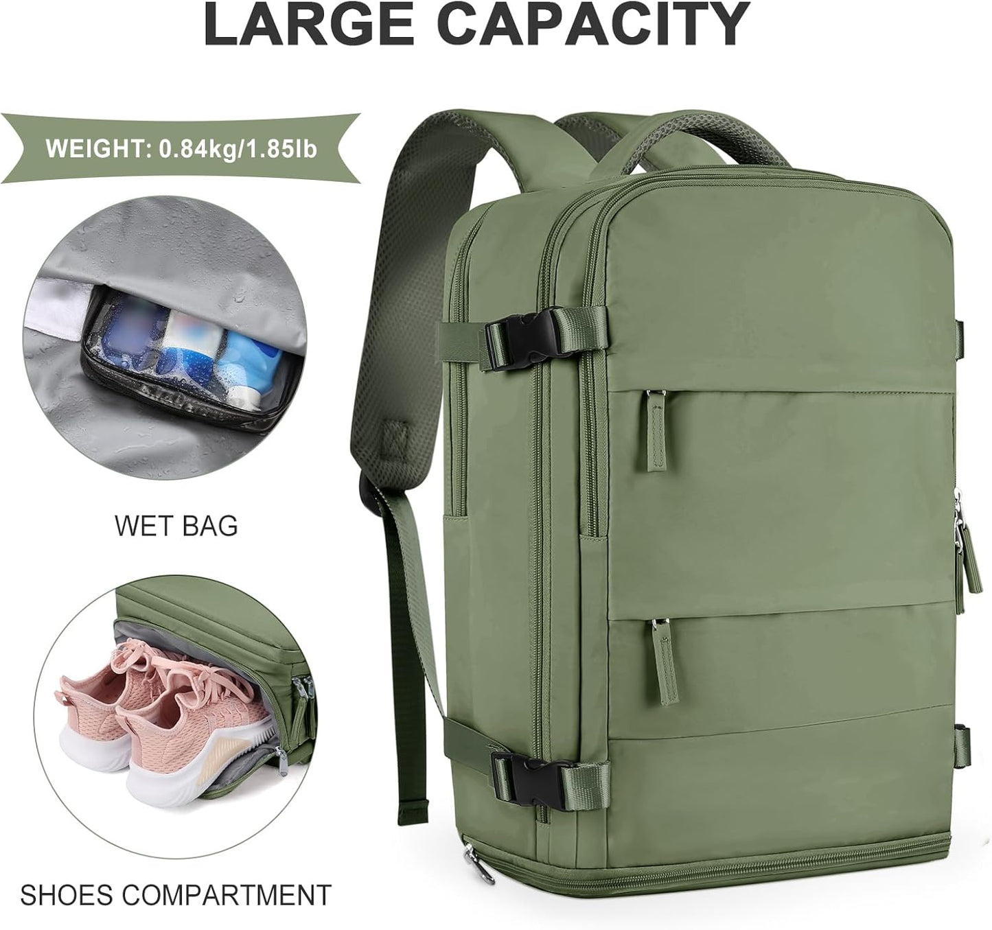 coowoz Large Travel Backpack For Women Men,Carry On Backpack Flight Approved,Hiking Backpacks Waterproof Outdoor Rucksack Casual Daypack Travel Bag Essentials Personal Item Backpack(Gray Green-L)