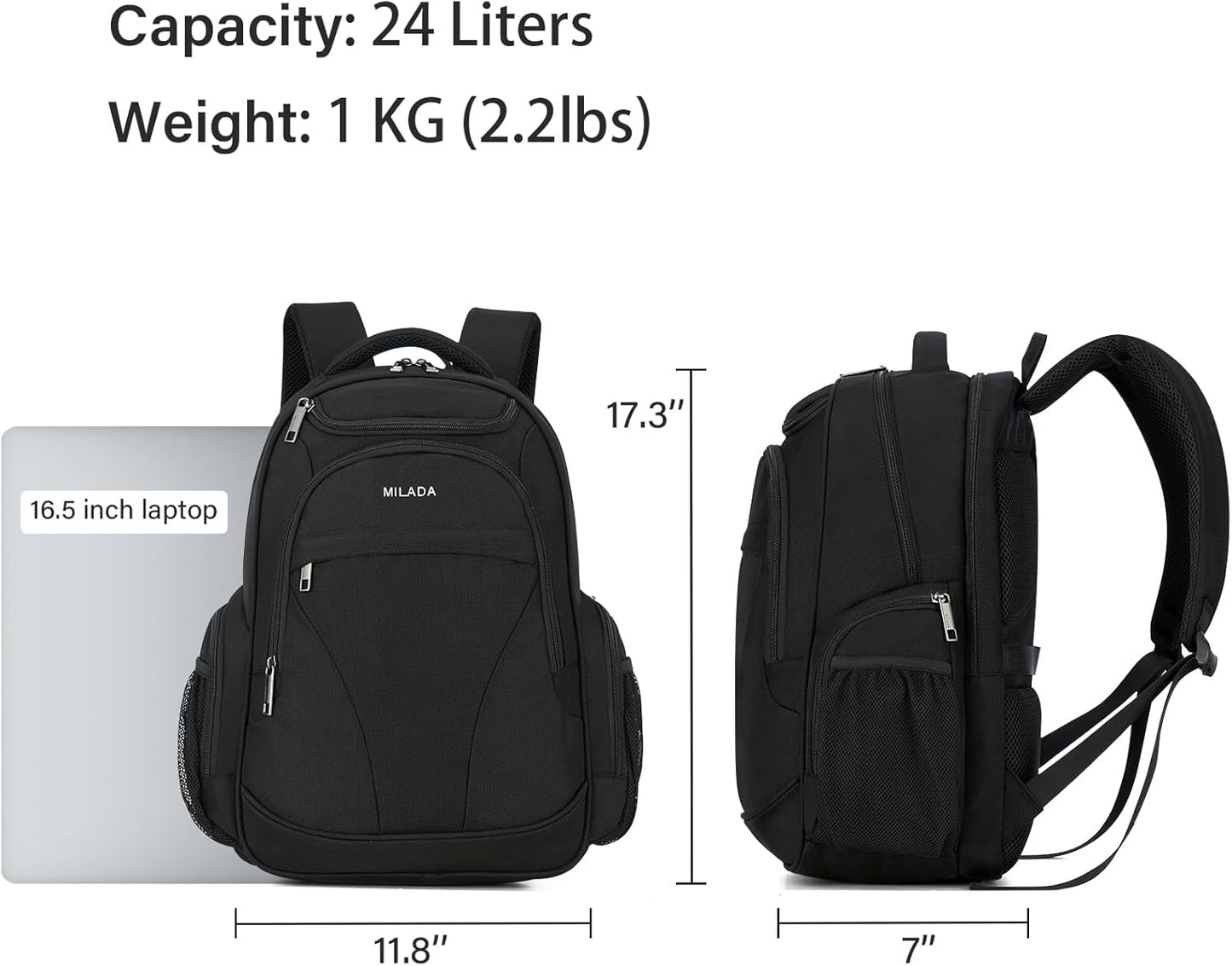 MILADA Travel Backpack For Men Laptop Backpack Women Business Carry On Backpack Airline Approved Fits 16.5 Inch Laptop Bag Work Backpack, Black