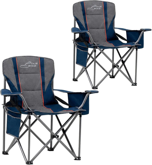 FAIR WIND 2 Pack Oversized Fully Padded Camping Chair with Lumbar Support, Heavy Duty Cooler Bag Fold Chair Support 450 LBS, Blue