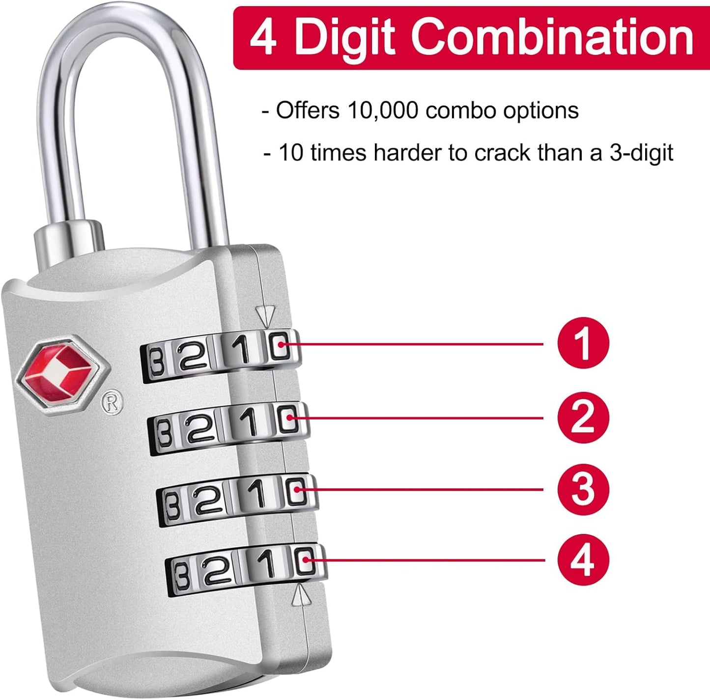 ZHEGE TSA Lock, Train Luggage Lock, 4 Digit Combination Lock for Suitcase, Backpack and Handbag Zipper, Small Padlock for School Gym Locker, Cabinet, Drawer (1 Pack, Sliver)