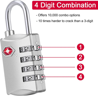 ZHEGE TSA Lock, Train Luggage Lock, 4 Digit Combination Lock for Suitcase, Backpack and Handbag Zipper, Small Padlock for School Gym Locker, Cabinet, Drawer (1 Pack, Sliver)