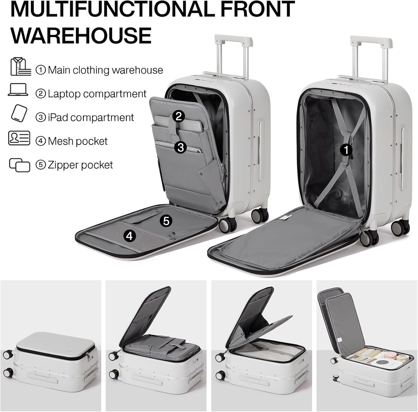 mixi Carry On Luggage, 20'' Suitcase with Front Laptop Pocket, Travel Rolling Luggage Aluminum Frame PC Hardside with Spinner Wheels & TSA Lock and Cover - Smoke White