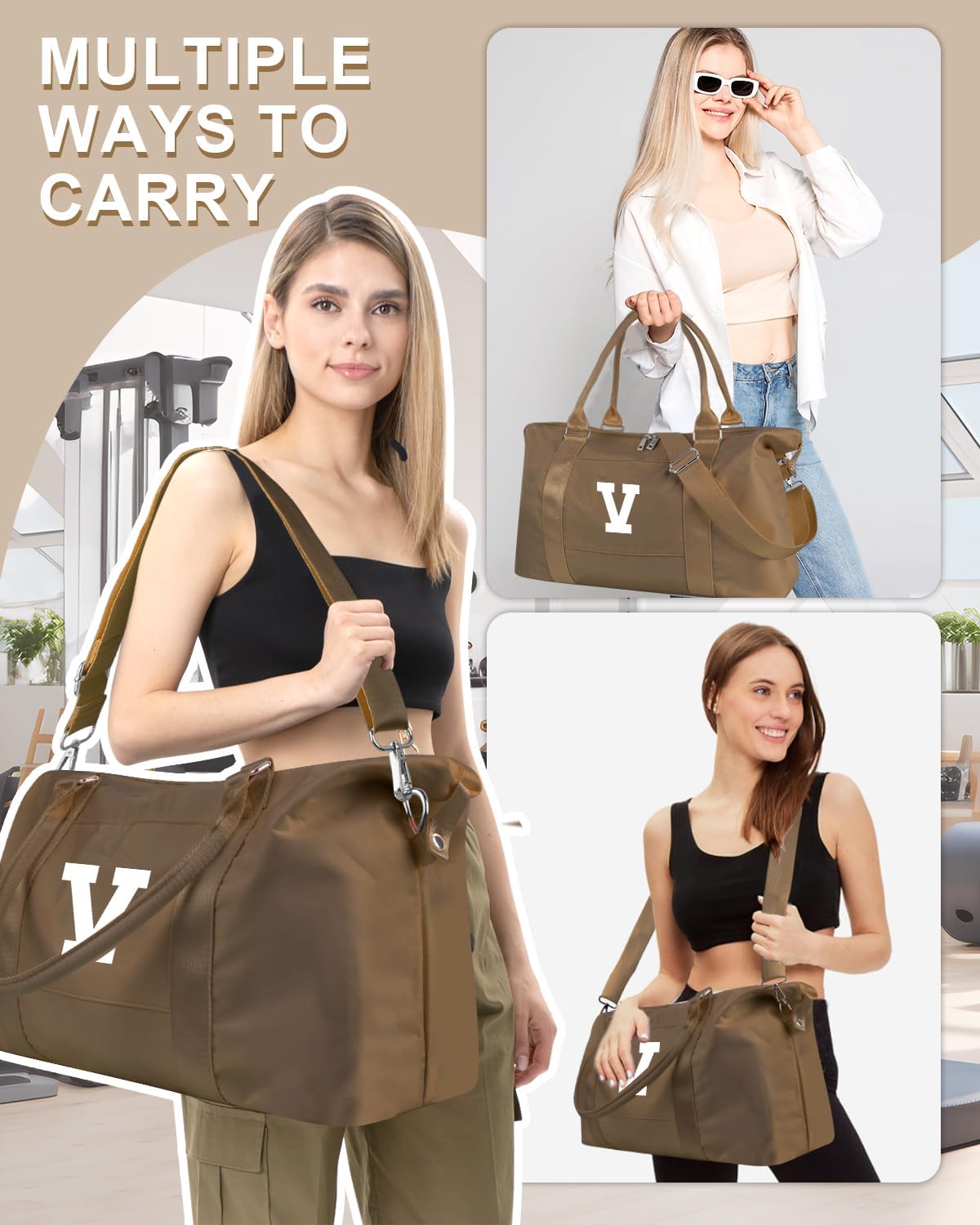 Birthday Graduation Gifts for Daughter,Initial Travel Duffel Bag Sports Gym Bag for Girls Teen Kids Birthday Gifts,Personalized Weekender Bag Carry On Tote Bags Cute Overnight Bag for Women(Brown, V)