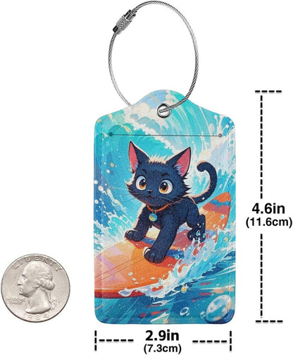 Fun Luggage Tags for Suitcases Leather Name Tag for Luggage Cute Travel Baggage Tags for Carnival Cruise Ships with Funny Patter 2pcs (Surf Cat)