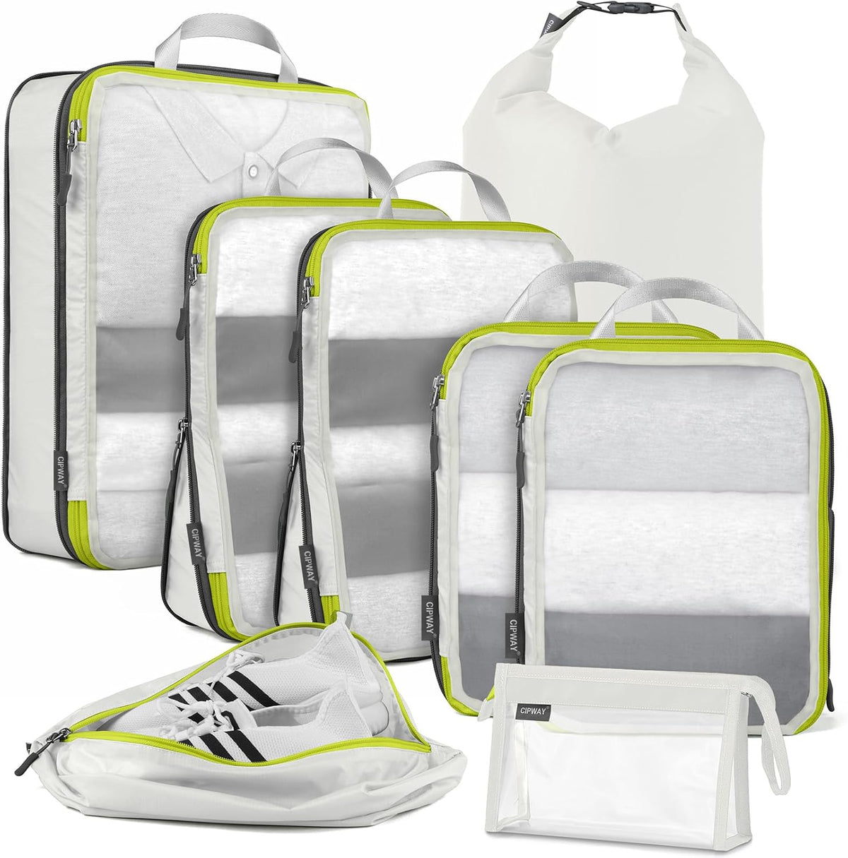 Cipway Compression Packing Cubes Mesh, Lightweight Luggage Organizer Bags with Laundry Bag,Toiletries Bag and Shoe Bag, Travel Essentials for Carry on Suitcase（8Pcs,White）